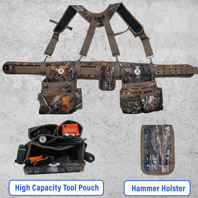 Zeluga 20-523 Large Pockets Tool Belts for men with Suspenders, 4″ Padded Toolbelt, Steel Hammer Holster, Carpenter Tool Pouch, Professional Tool Vest for men Construction, Camo