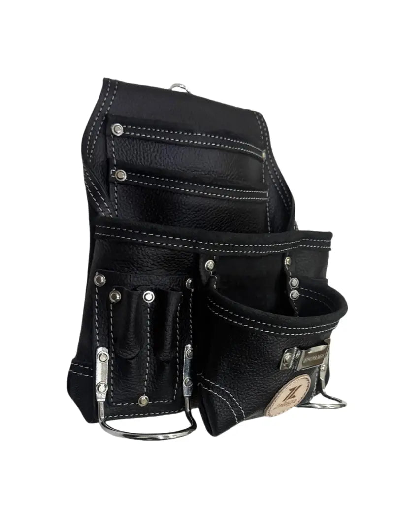 Zeluga: 10 Pocket Rigger Heavy Duty Leather Tool Bag, Textured Black