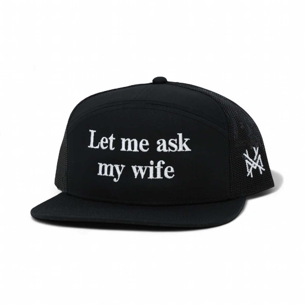 Let Me Ask My Wife Trucker Hat: 7 Panel Lowland/Khaki/Lowland