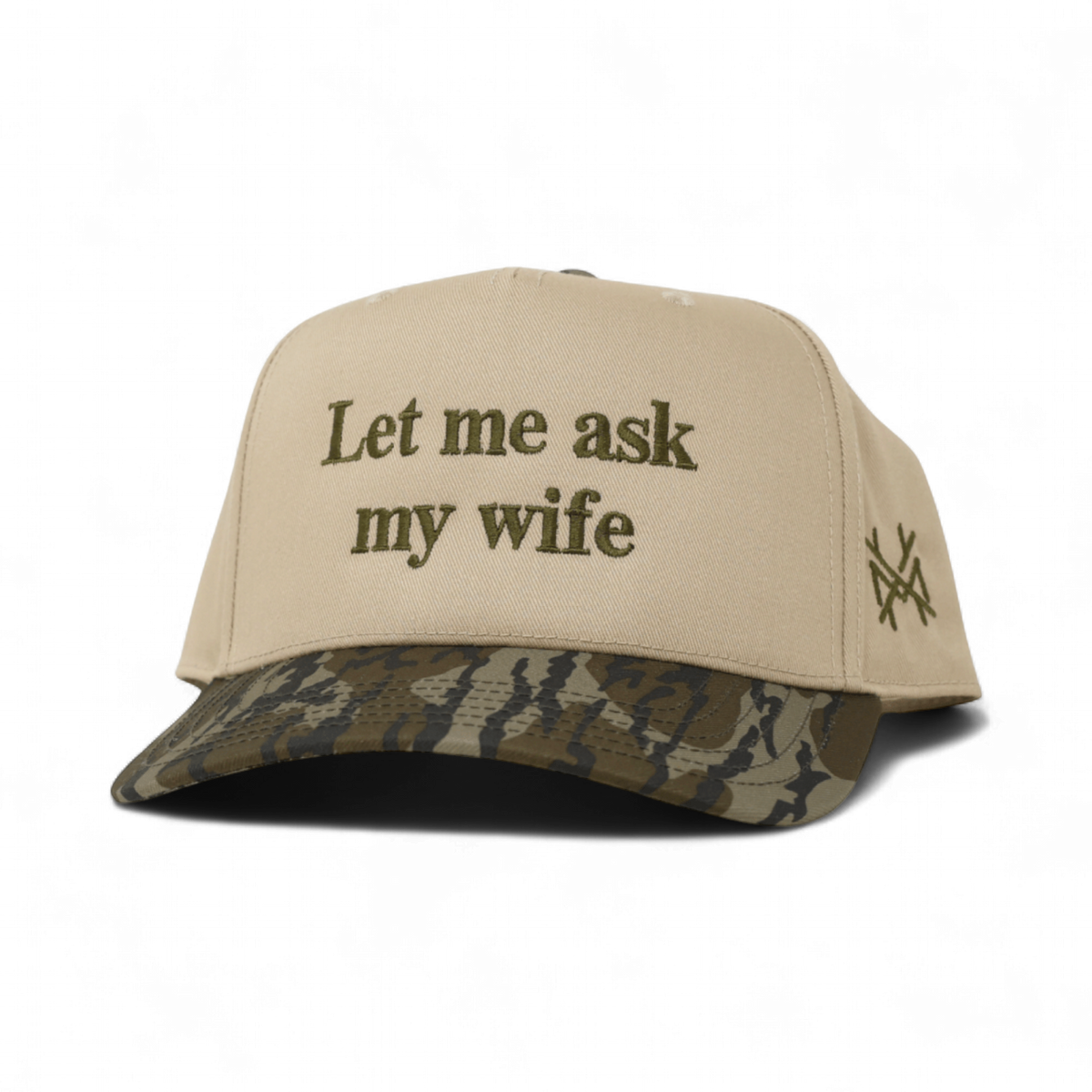 Let Me Ask My Wife Trucker Hat: 7 Panel Lowland/Khaki/Lowland