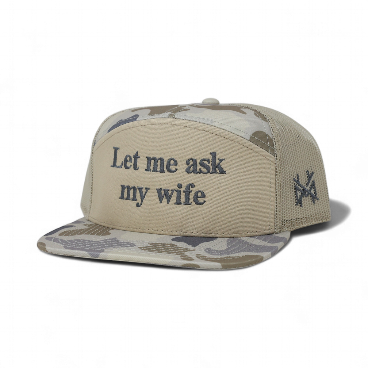 Let Me Ask My Wife Trucker Hat: 7 Panel Lowland/Khaki/Lowland