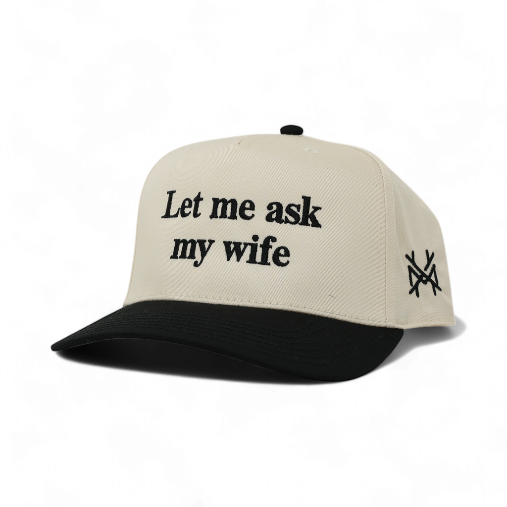 Let Me Ask My Wife Trucker Hat: 7 Panel Lowland/Khaki/Lowland