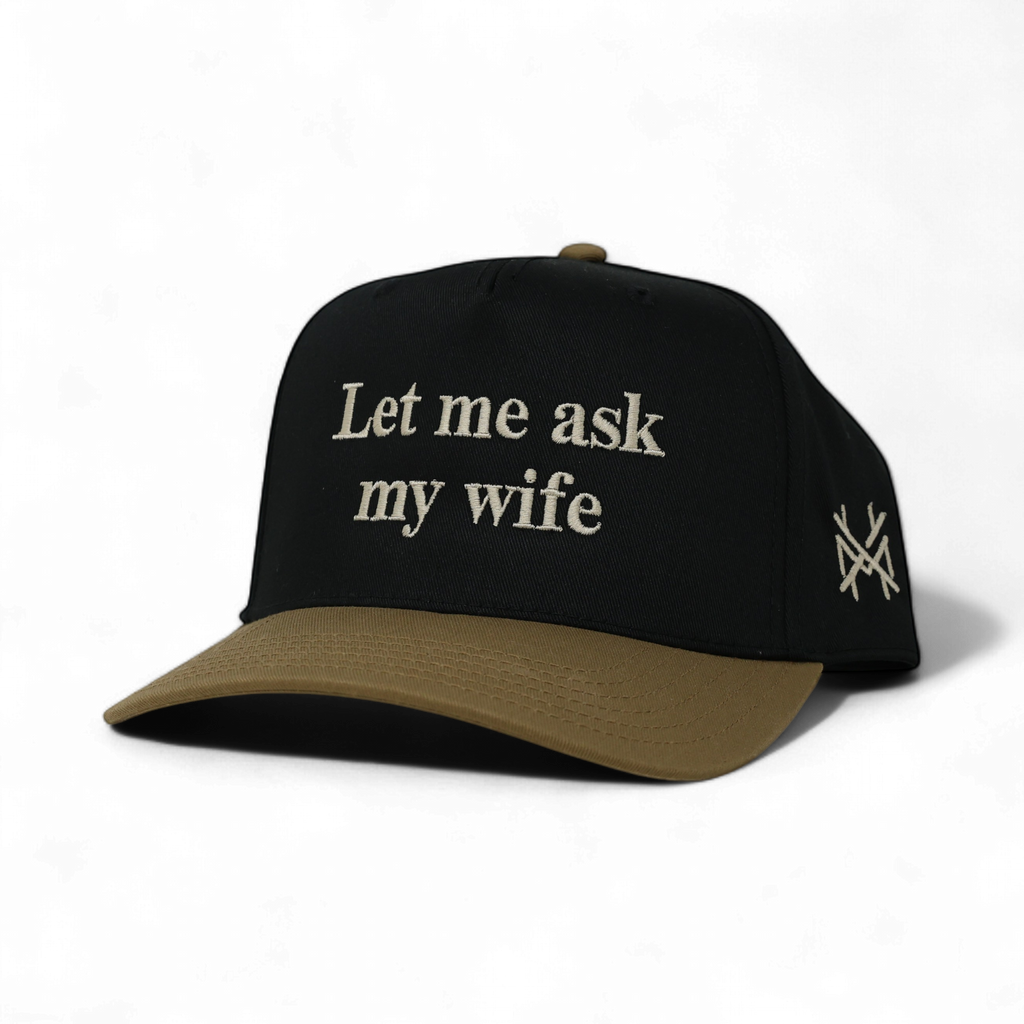 Let Me Ask My Wife Trucker Hat: 7 Panel Lowland/Khaki/Lowland