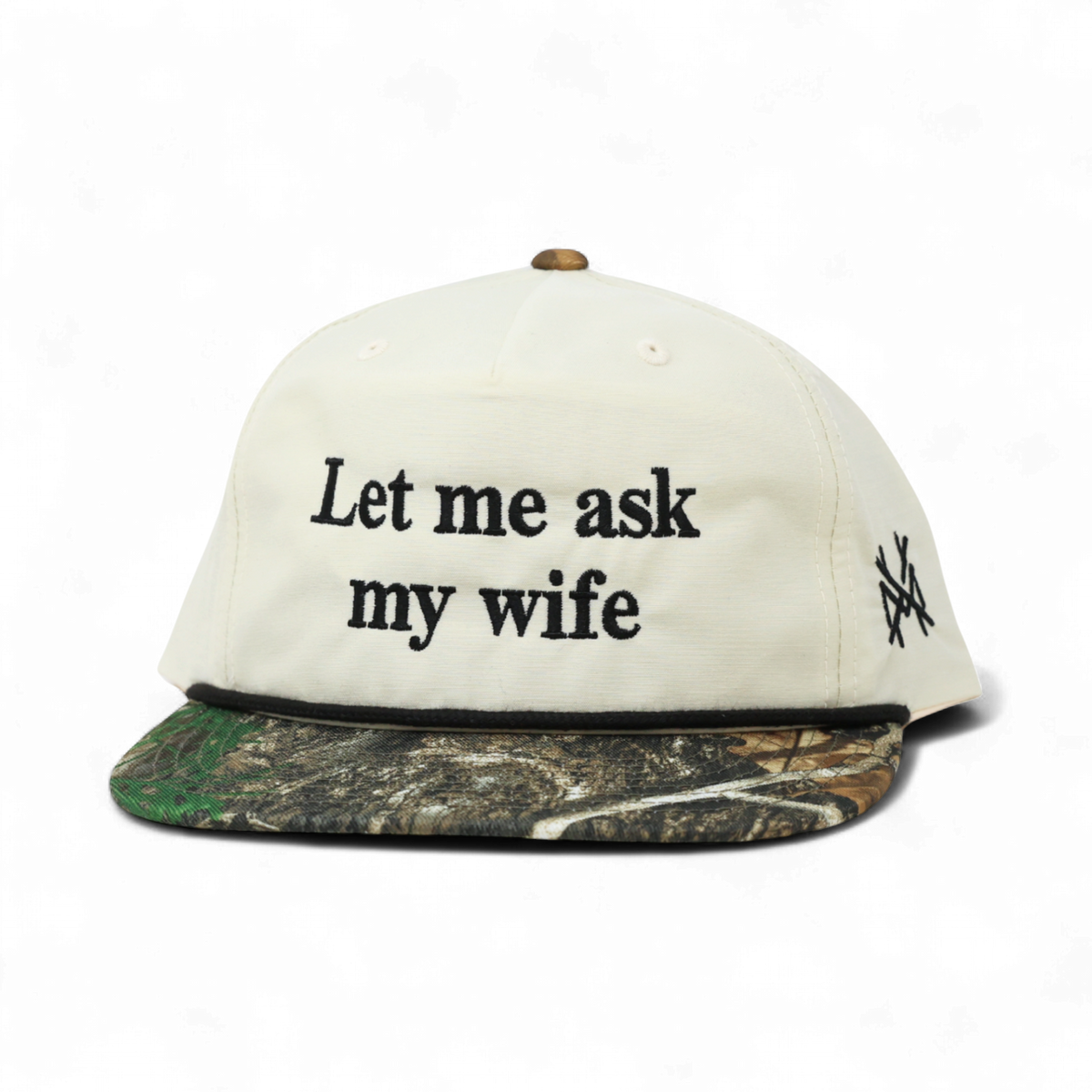 Let Me Ask My Wife Trucker Hat: 7 Panel Lowland/Khaki/Lowland