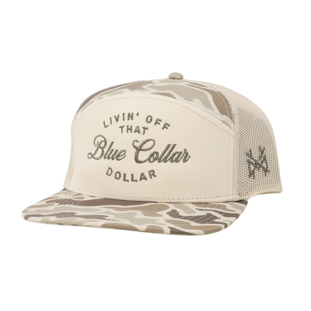 Blue Collar Dollar Trucker Hat: 7 Panel Bottomland/ Loden/ Bottomland
