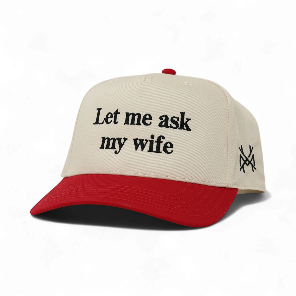 Let Me Ask My Wife Trucker Hat: 7 Panel Lowland/Khaki/Lowland