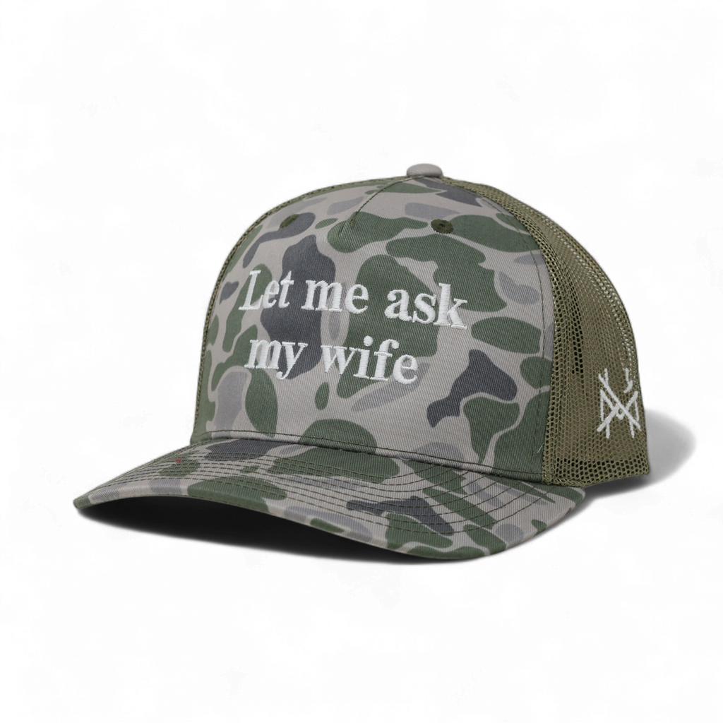 Let Me Ask My Wife Trucker Hat: 7 Panel Lowland/Khaki/Lowland