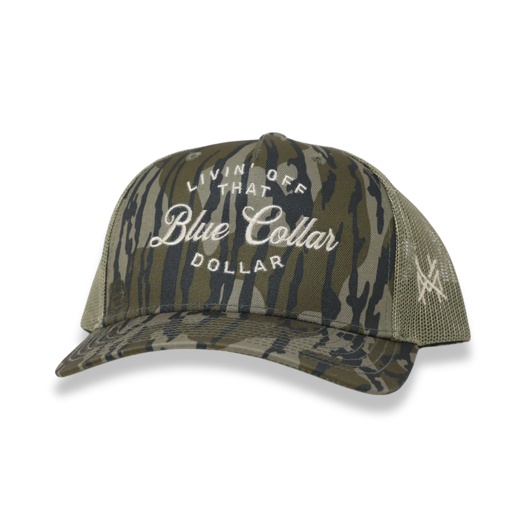 Blue Collar Dollar Trucker Hat: 7 Panel Bottomland/ Loden/ Bottomland
