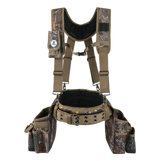 Zeluga 20-523 Large Pockets Tool Belts for men with Suspenders, 4″ Padded Toolbelt, Steel Hammer Holster, Carpenter Tool Pouch, Professional Tool Vest for men Construction, Camo