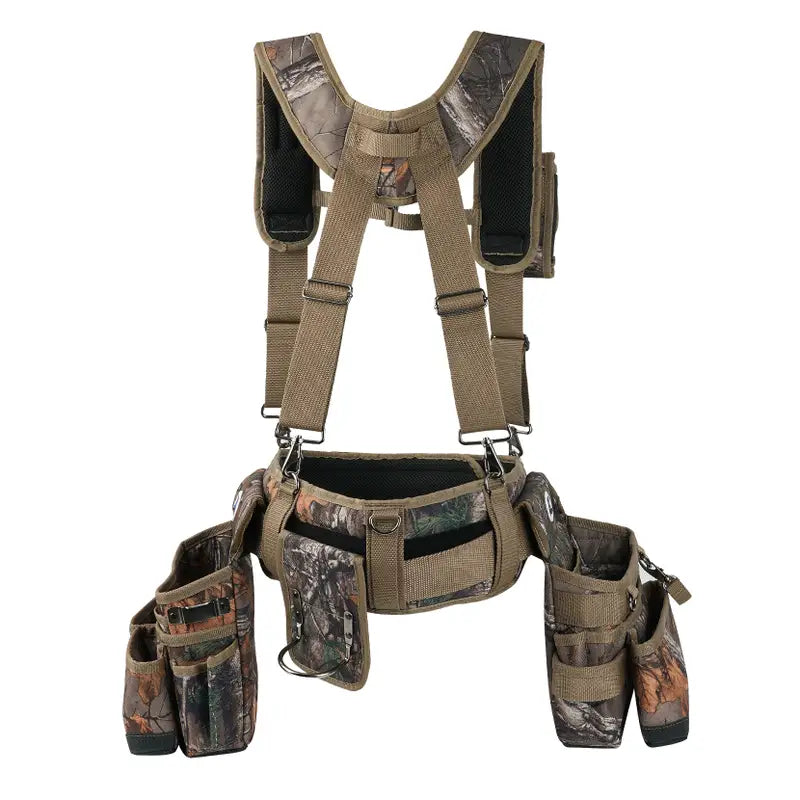 Zeluga 20-523 Large Pockets Tool Belts for men with Suspenders, 4″ Padded Toolbelt, Steel Hammer Holster, Carpenter Tool Pouch, Professional Tool Vest for men Construction, Camo